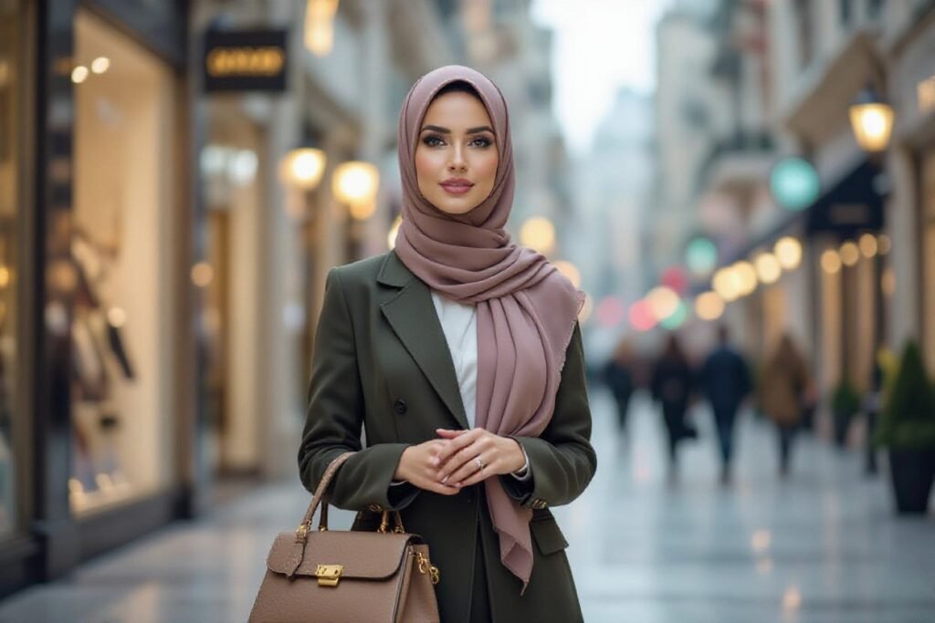 Elegant woman in hijab and business attire on a city street.