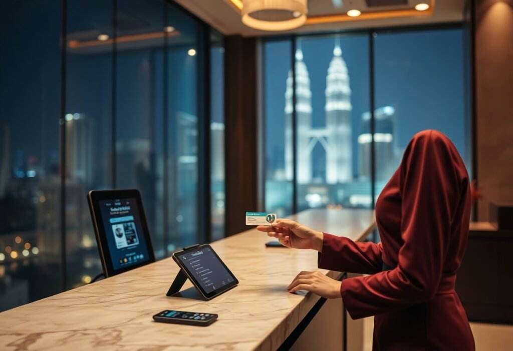 Receptionist handing a card with Kuala Lumpur's Petronas Towers in the background. Malaysia Escort.